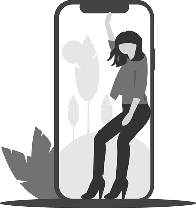 illustrated woman dancing with a giant cell phone and leaf behind her